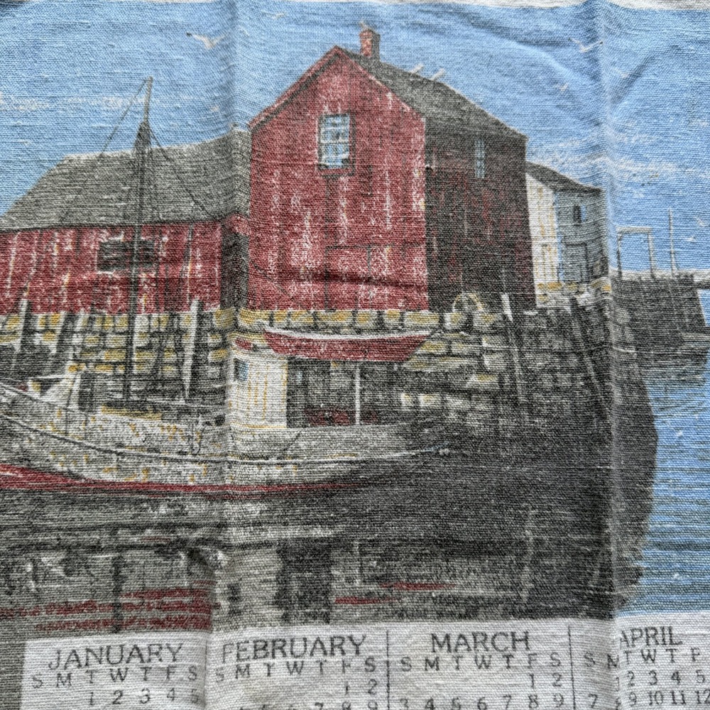 Vintage 1991 Rockport MA Motif No 1 Linen Calendar Tea Towel Red Fishing Shack - Picture 3 of 7